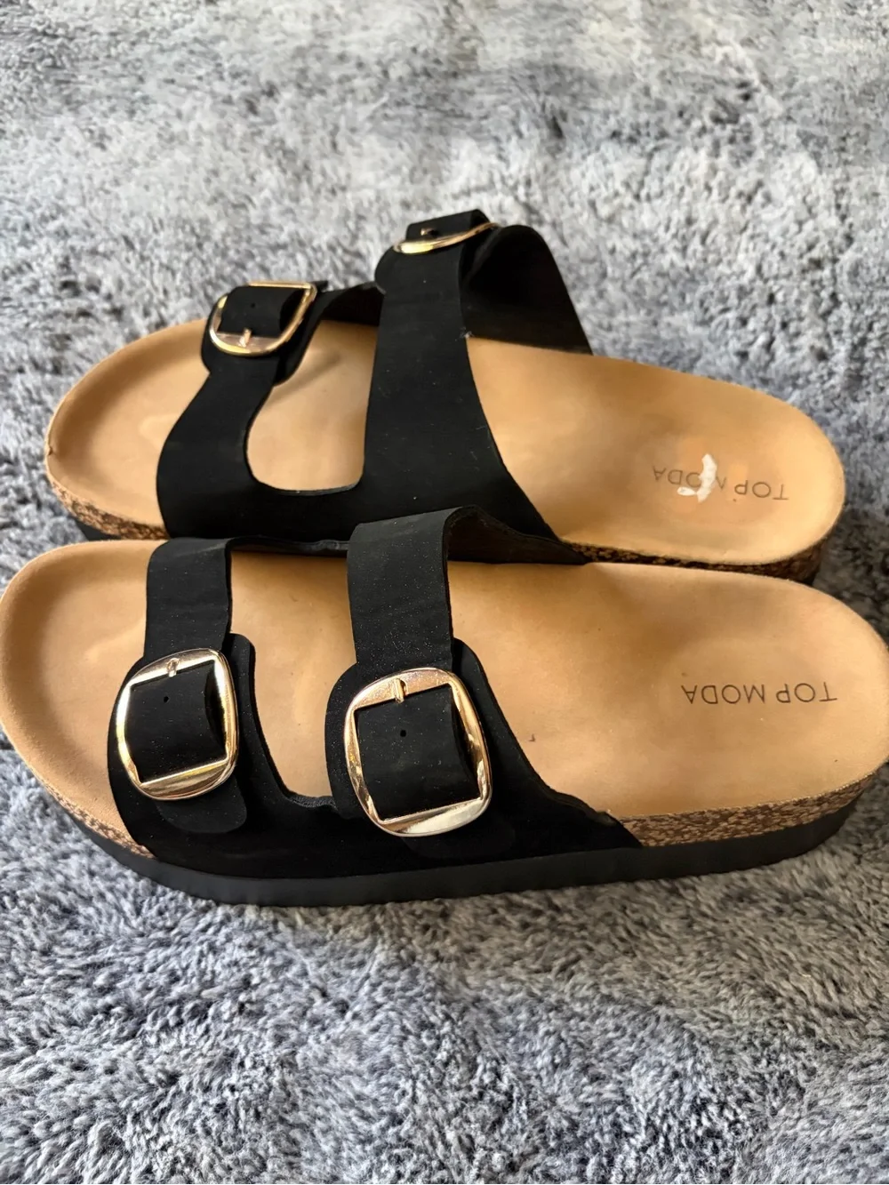 TOP Moda Black Slide Sandals with Gold Buckles
